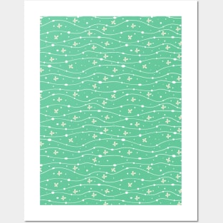 Green Wavy Lines, Dots and Flowers Pattern Posters and Art